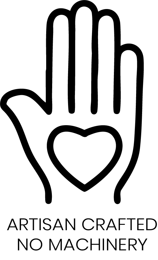 Hand illustration with heart, emphasizing artisan crafted products made without machinery.