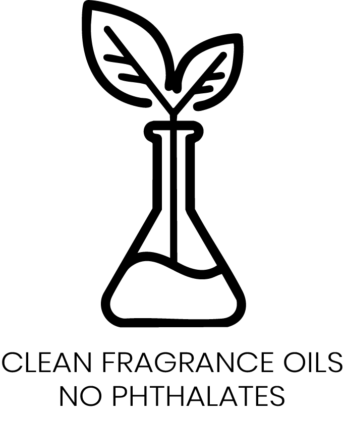 Graphic of a lab flask with a leaf, representing clean fragrance oils free from phthalates.