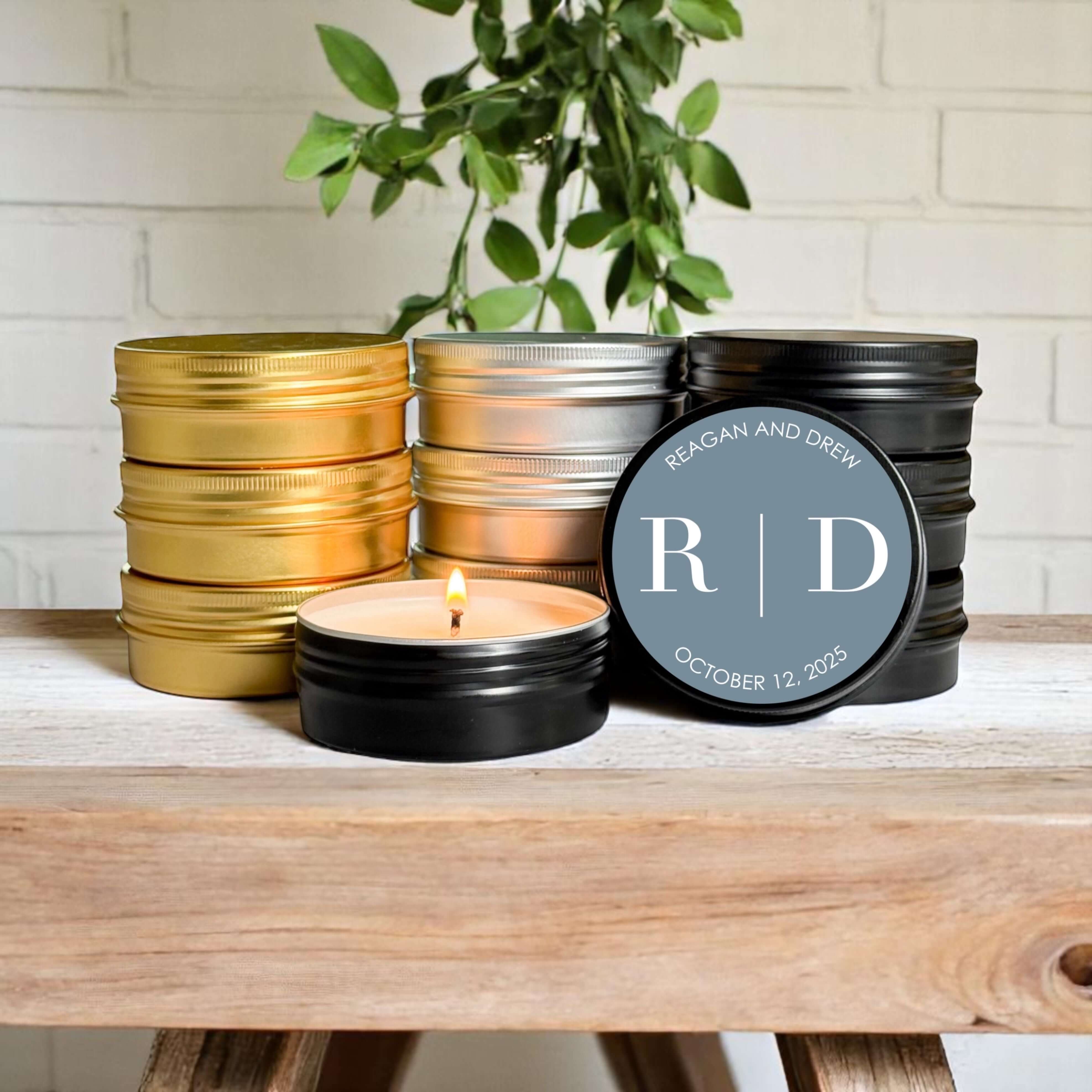 Bulk wedding favors with hand-poured candles in gold, silver, and black tins, ideal for special events and customizable labels.