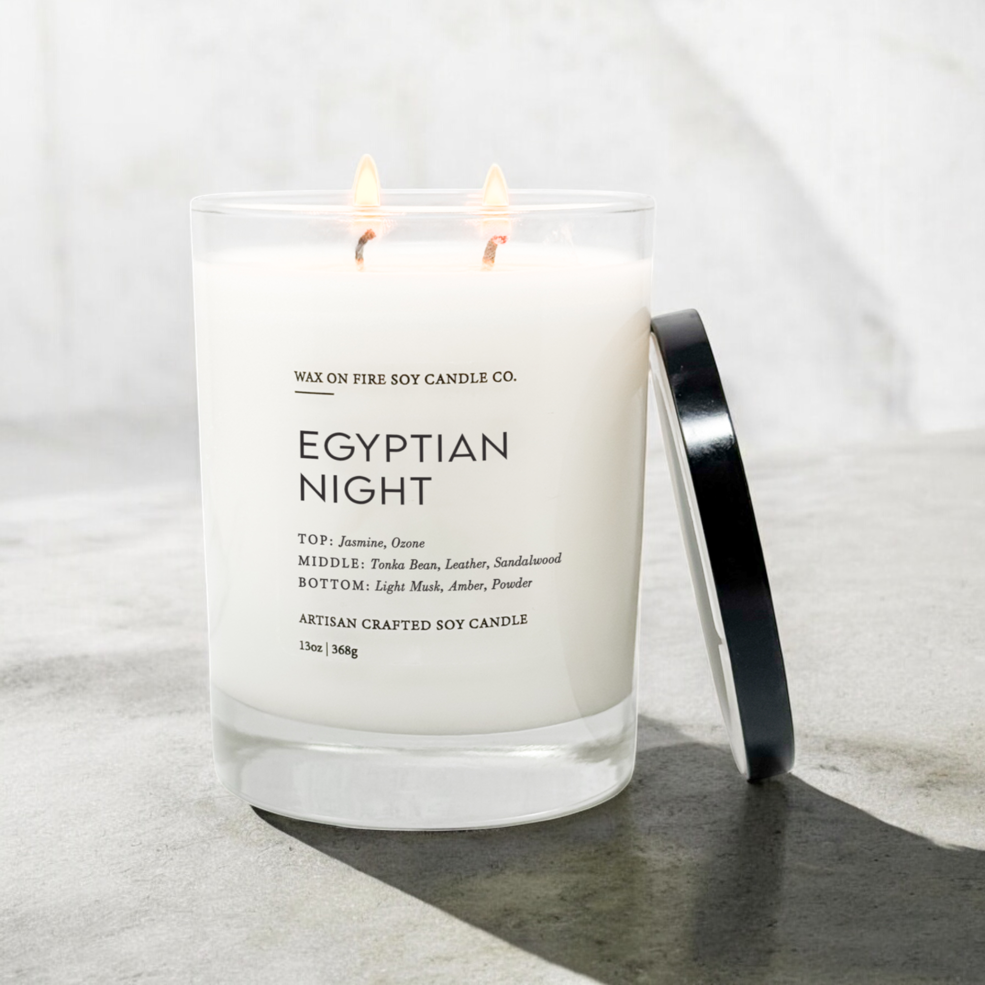 Egyptian Night Signature Luxe 2-Wick Candle with jasmine and tonka bean scent, presented in a glass jar.