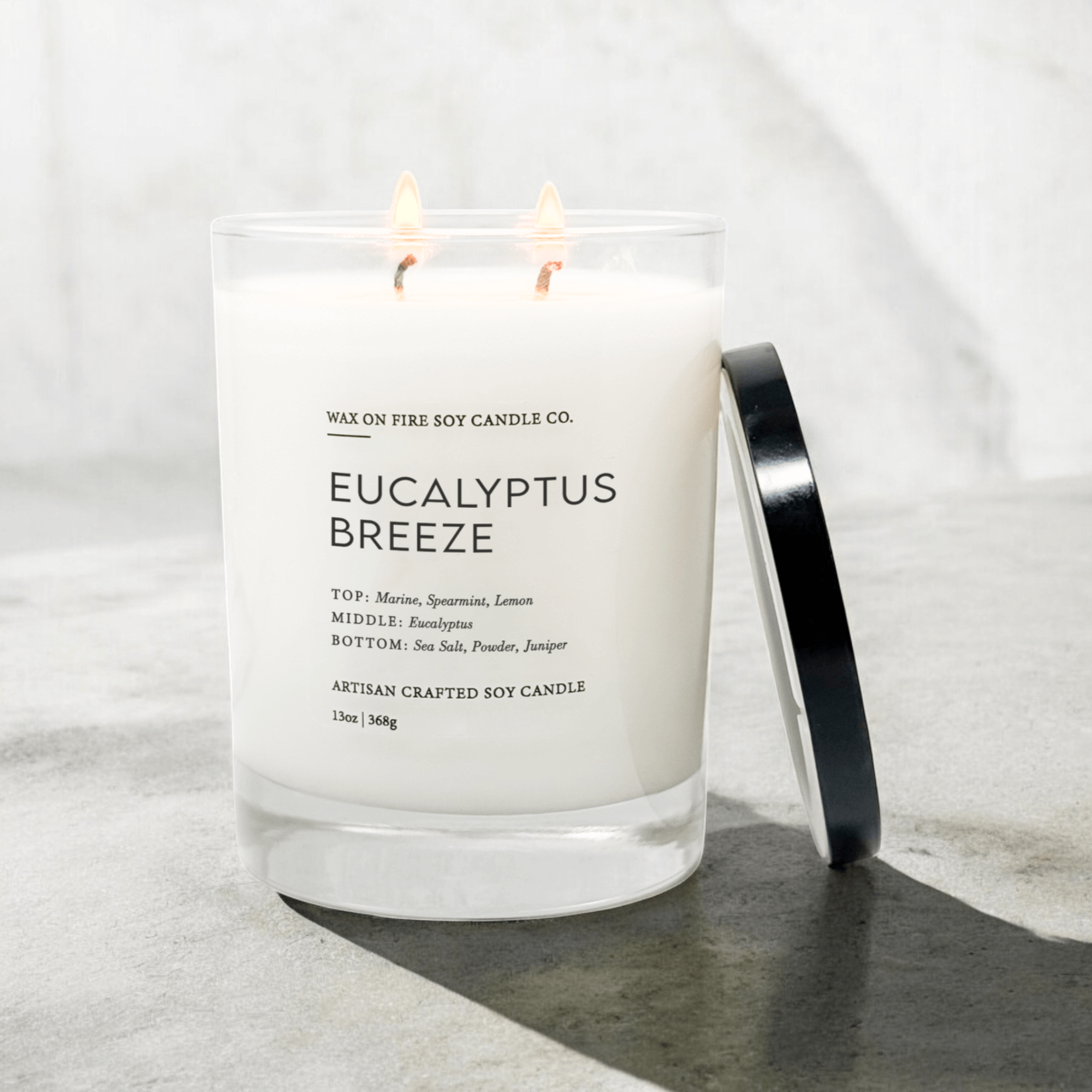 Eucalyptus Breeze 2-wick candle by Wax on Fire, featuring fresh marine, spearmint, and eucalyptus scents.