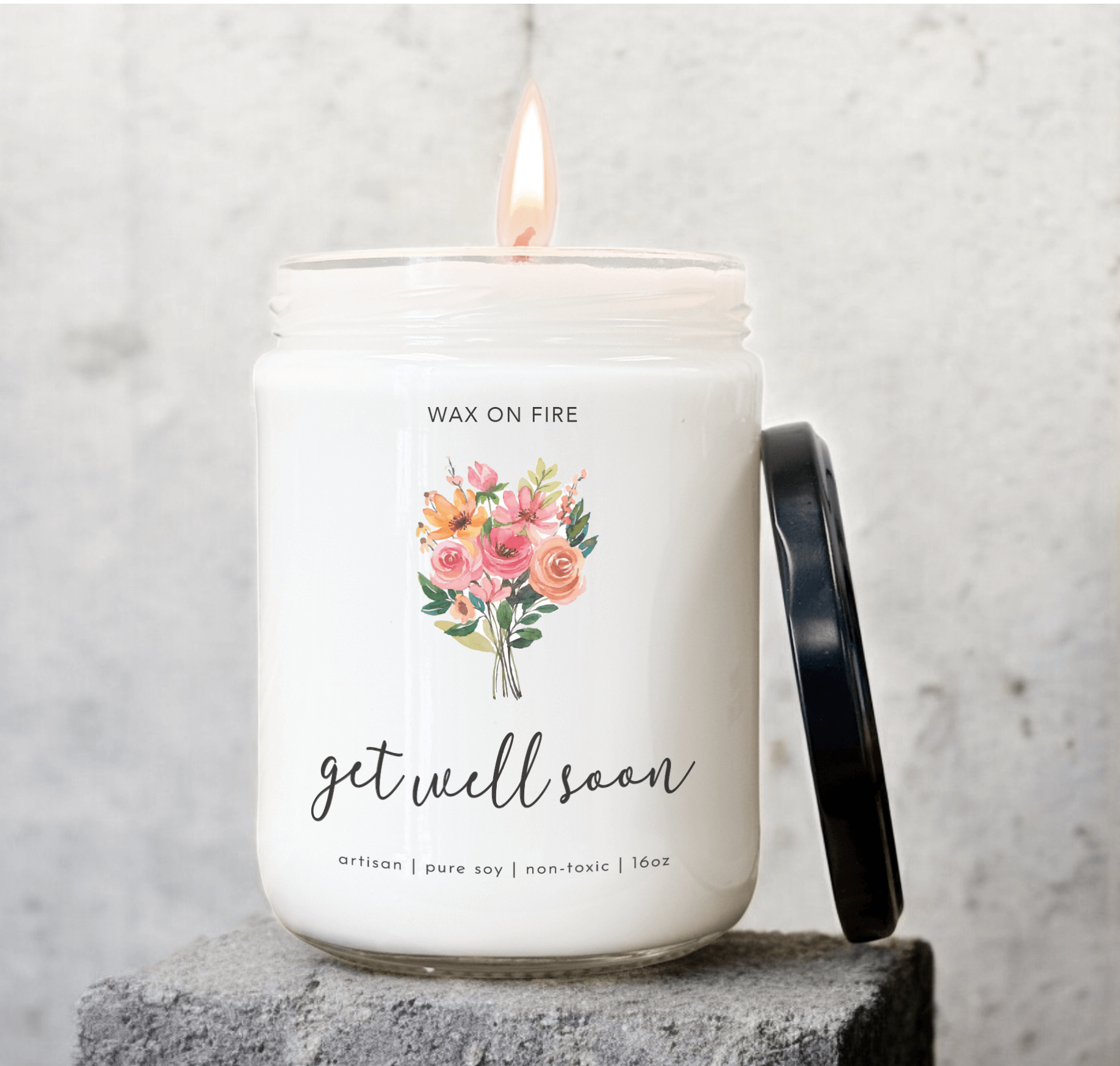 Hand-poured soy candle with 'Get Well Soon' label, featuring floral design, non-toxic, clean-burning, 16 oz.