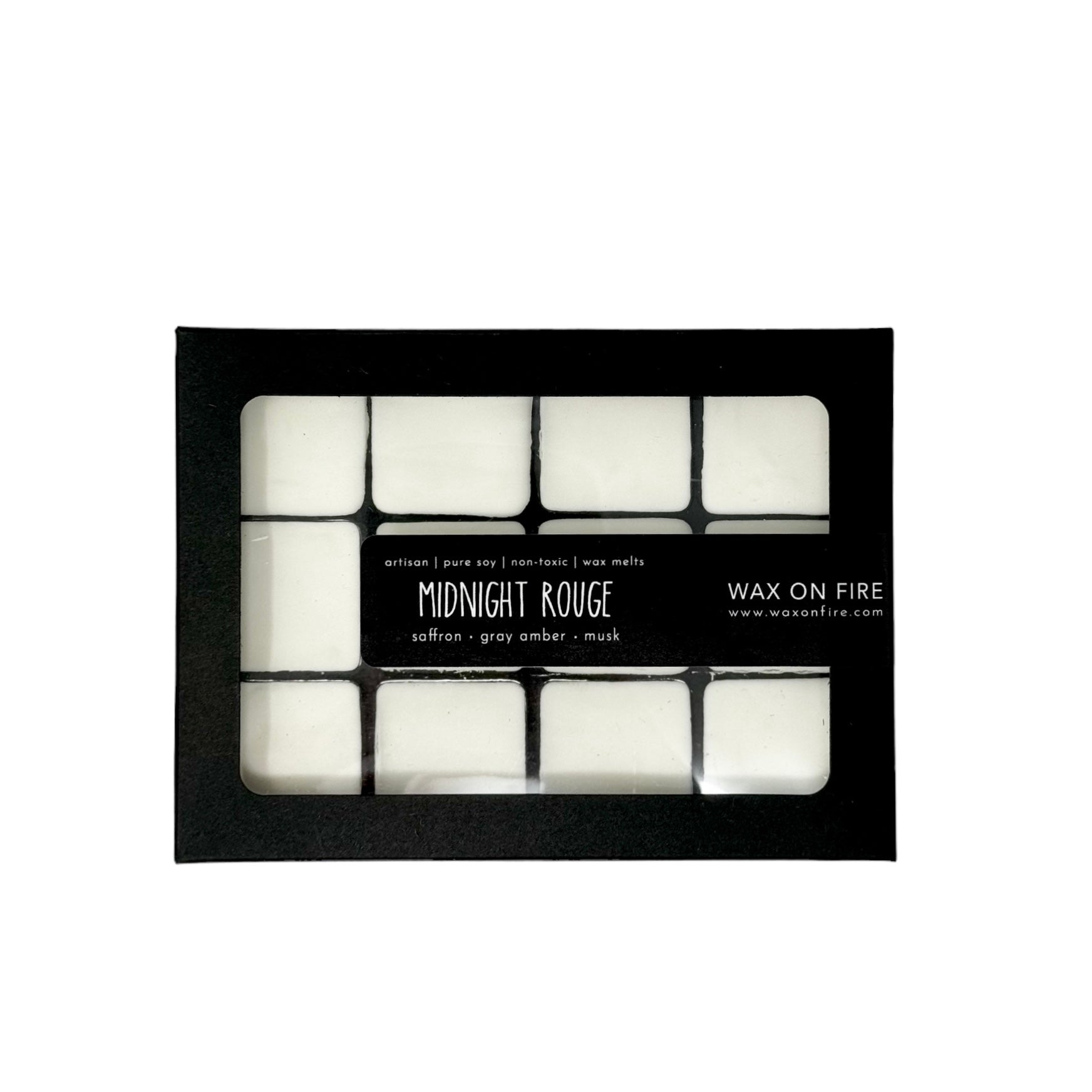 Non-toxic wax melts in a sleek black packaging labeled 'Midnight Rouge' by Wax On Fire.