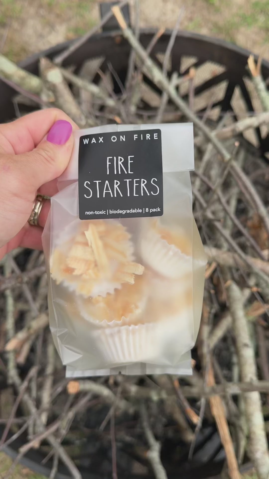 Eco-friendly fire starters in biodegradable packaging, perfect for efficient lighting of fires.