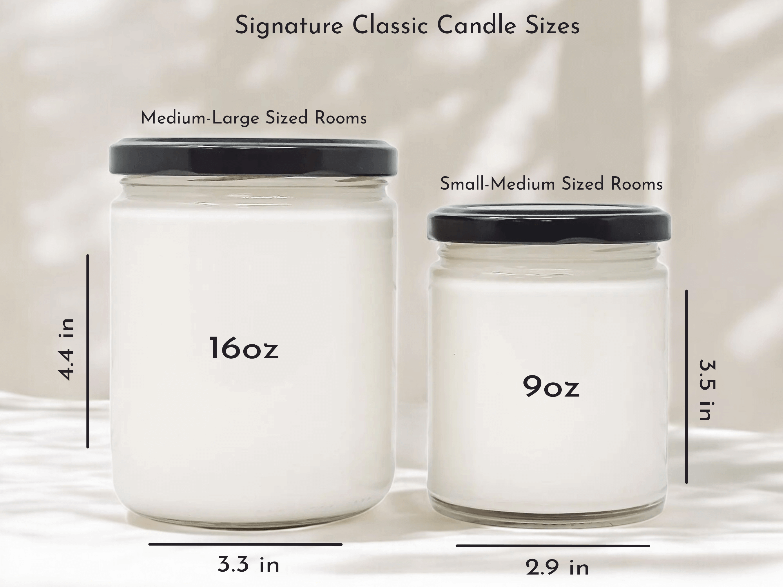 Image comparing 16oz and 9oz Signature Classic Candle sizes for room recommendations.