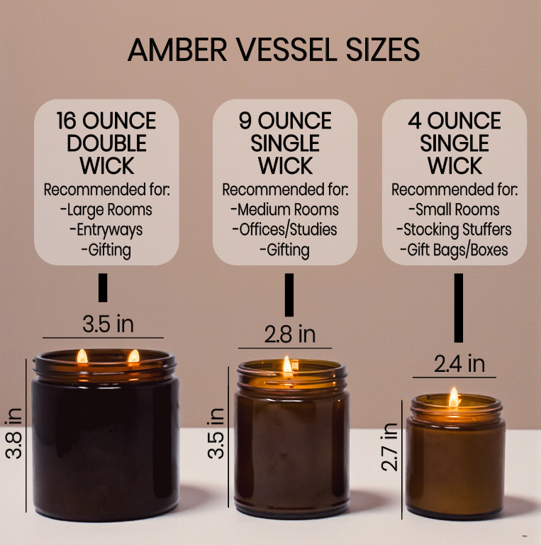 three different sizes of amber candle wicks, each labeled with its corresponding size in inches.