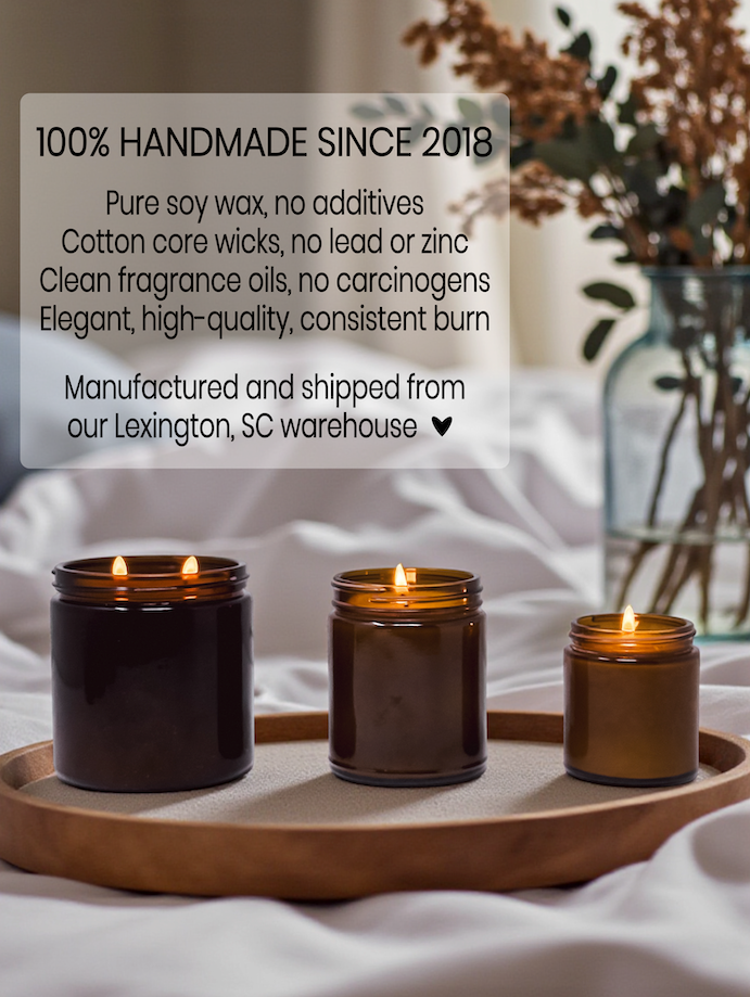 three candles on a tray, with a vase of flowers in the background. The candles appear to be made of soy wax and have a clean, elegant design. The text in the image indicates that these candles are 100% handmade since 2018, and they are manufactured and shipped from a Lexington, SC warehouse.