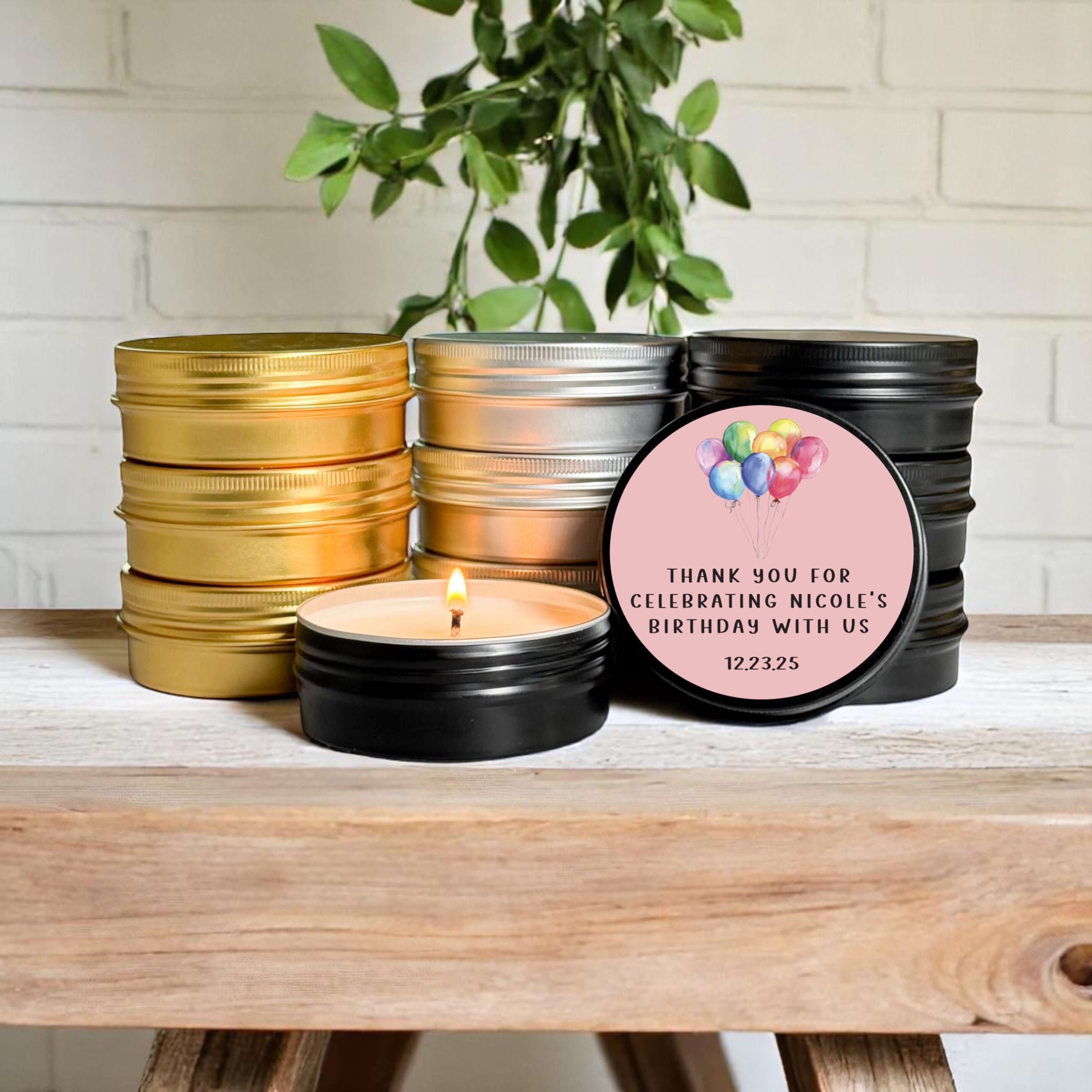 Bulk birthday favors feature hand-poured candles in stylish tins, ideal for celebrations and customizable for any event.