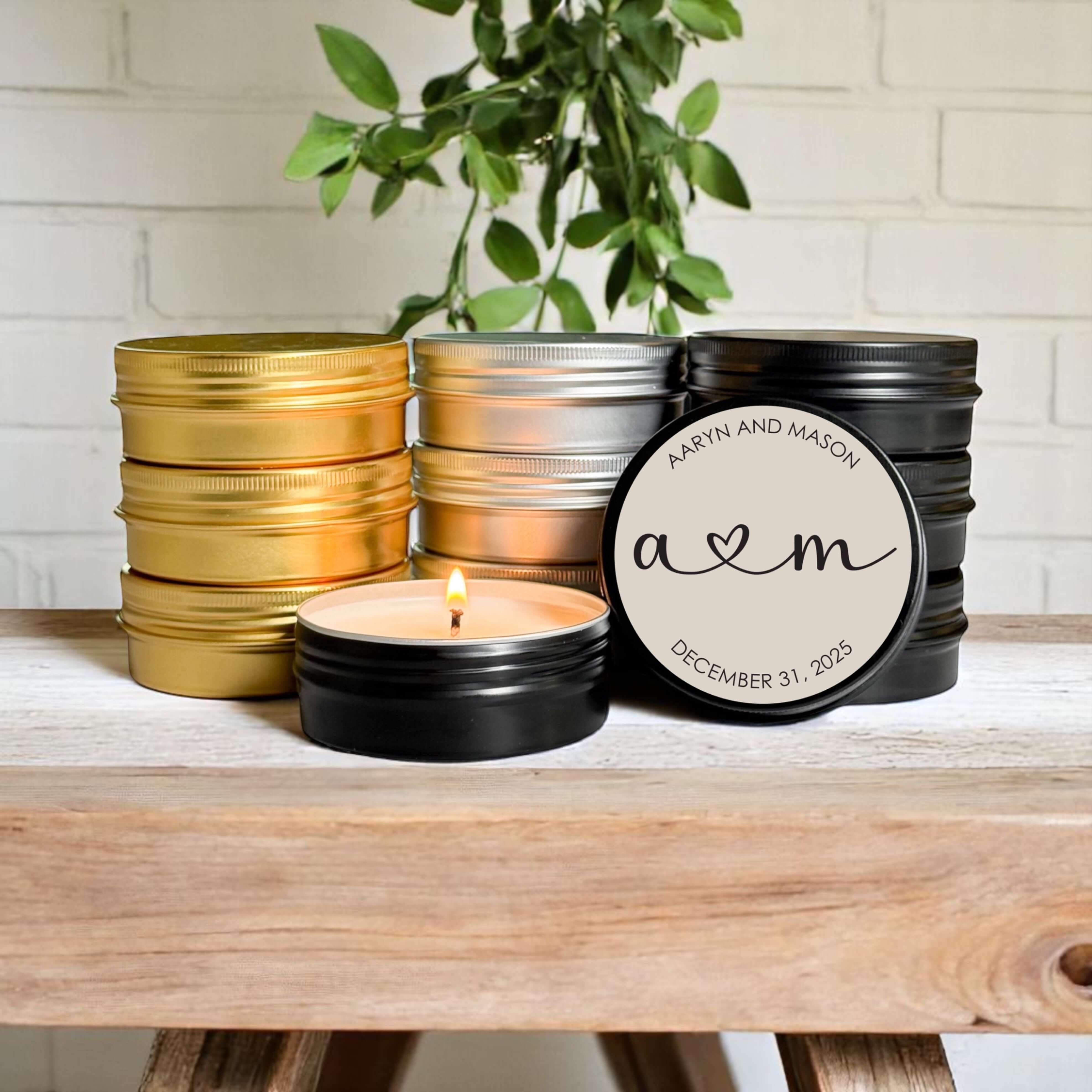 Bulk wedding favors featuring hand-poured candles in stylish tins with customizable labels and clean-burning soy wax.