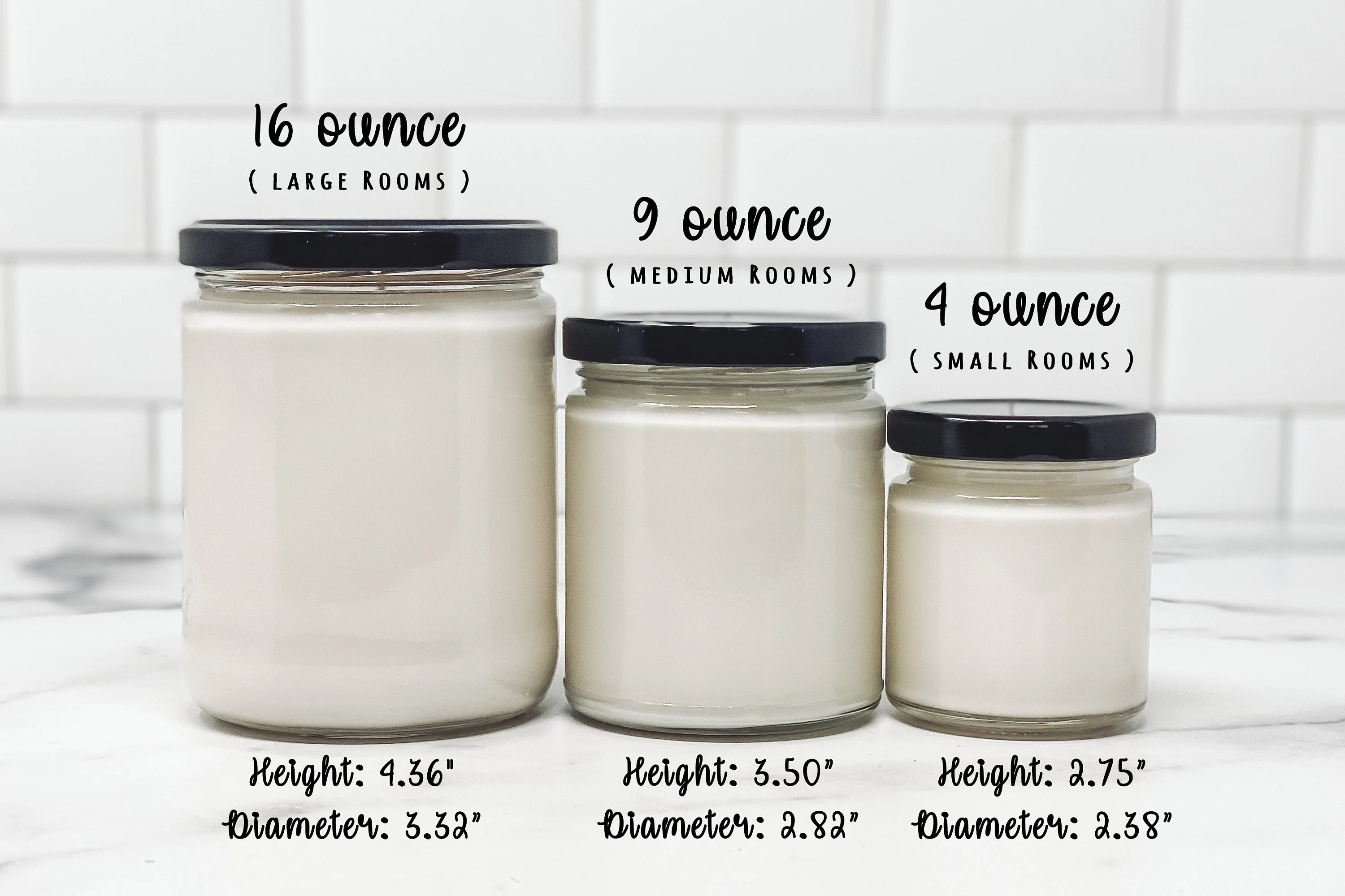 three jars of varying sizes, each labeled with the corresponding room size in ounces.