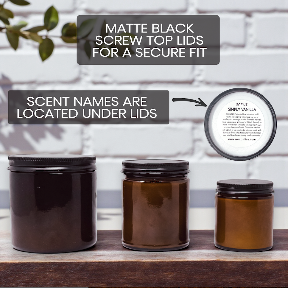three brown glass jars with black lids, arranged on a wooden surface. The jars are labeled as "MATTE BLACK SCREW TOP LIDS FOR A SECURE FIT" and "Scent names are located under the lids".